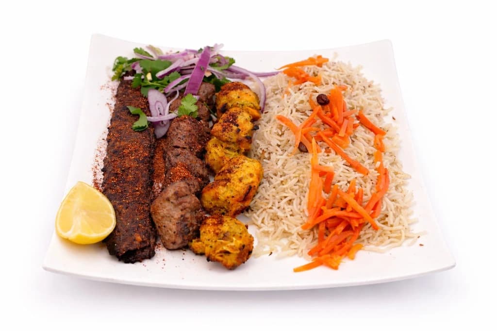 Super Combo — A variety of grilled kebobs with rice